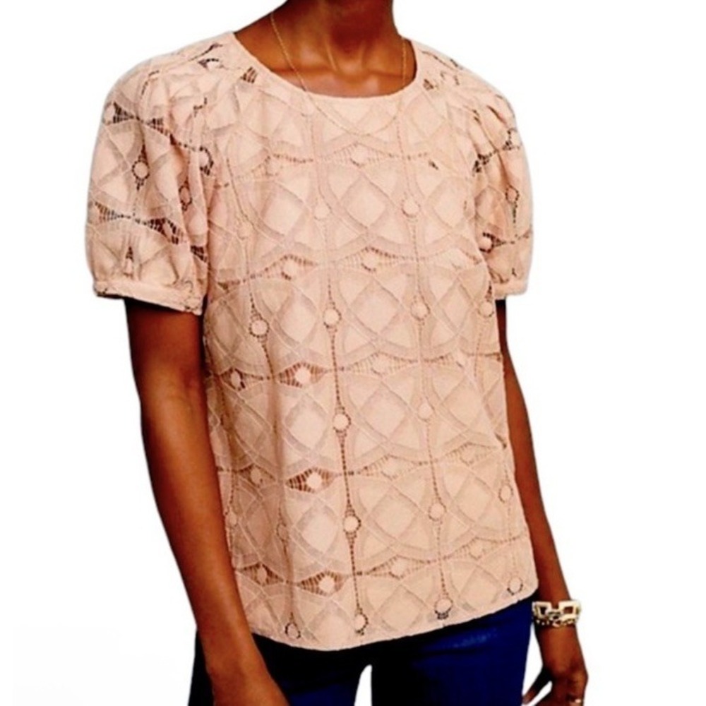 Women's Anthropologie Maeve Sylvie Lace Blouse Pink Puff Sleeve Top M